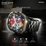 Front view of the Ronin R-13 Luxe Smart Watch, featuring a silver premium stainless steel casing and a high-grade strap, with the new high-resolution interface displayed.