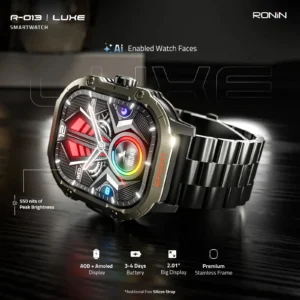 Front view of the Ronin R-13 Luxe Smart Watch, featuring a silver premium stainless steel casing and a high-grade strap, with the new high-resolution interface displayed.