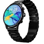 Front view of the Ronin R-10 Luxe Smart Watch, featuring a silver premium stainless steel casing and a high-grade strap, with the new interface displayed.