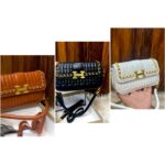 A collage showing three quilted crossbody bags in black, white, and brown/tan colors, each featuring a gold chain detail and a gold 'H' logo clasp.