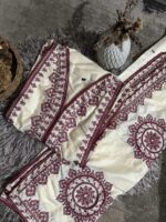 Beige embroidered 3 piece suit in stone linen fabric