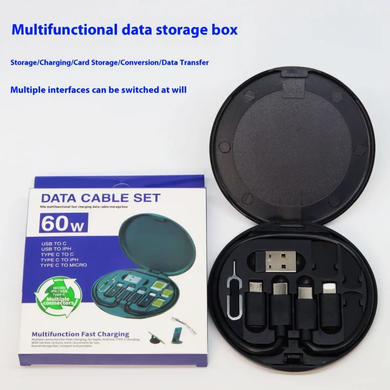 Portable 5-in-1 Data Cable Storage Box 60W Fast Charging for iPhone Android USB Type-C