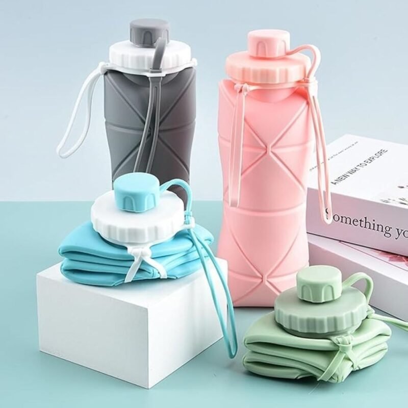 Portable collapsible foldable reusable water bottle with carrying strap