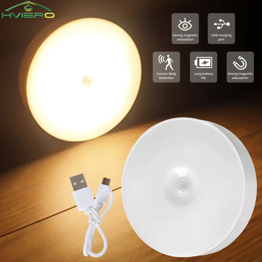 kf-S21c09d7514554bbda441599cc2201bebJ 1/2/4PCS Wireless LED Night Light Smart Human Body Motion Sensor Magnetic Suction Round Lamp Flicker Free USB Rechargeable Wall - Image 1